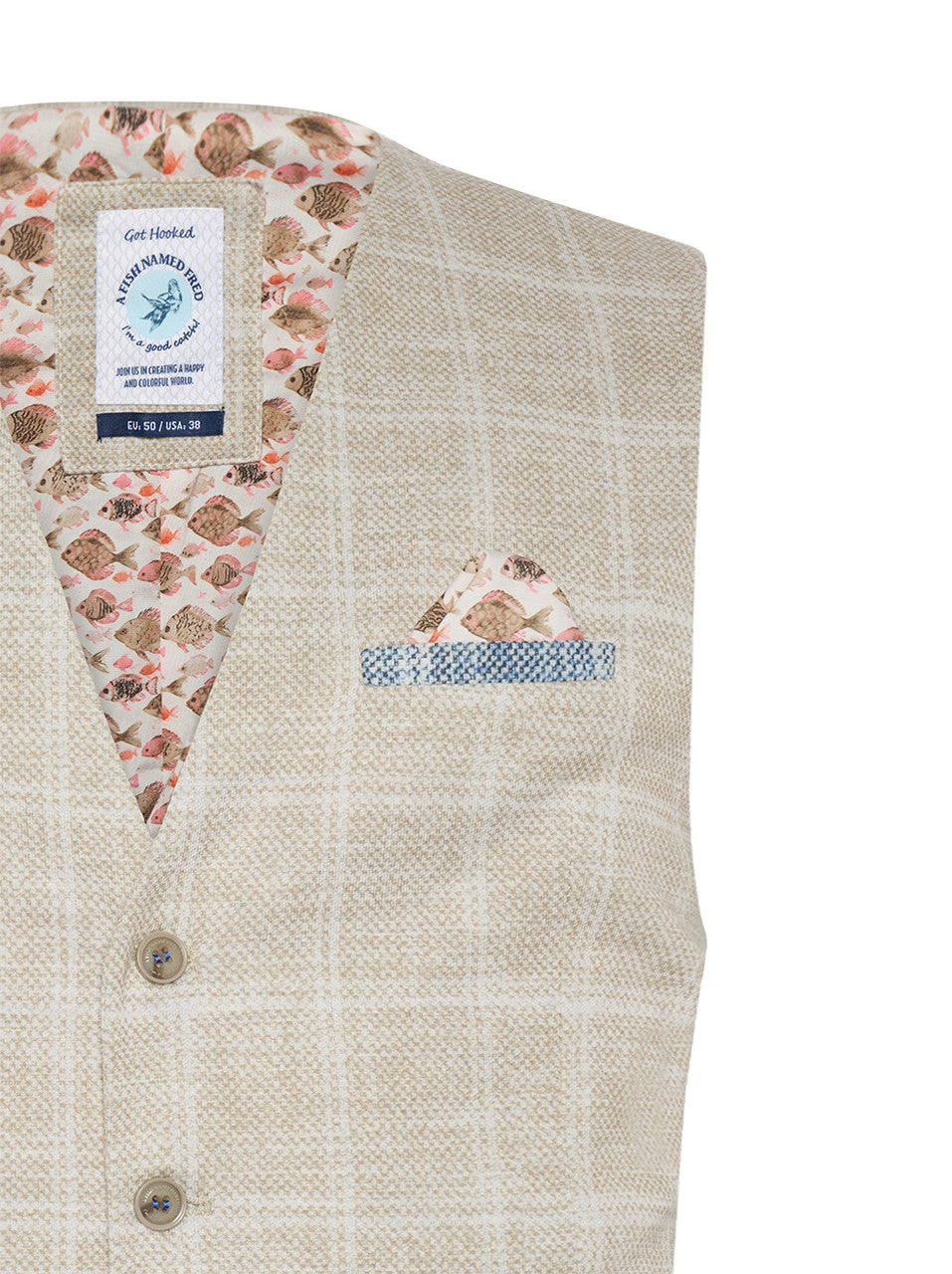 A Fish Named Fred Waistcoat Travel Check - Sand