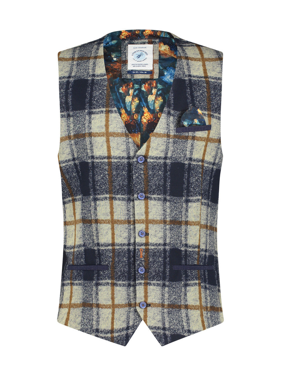 A Fish Named Fred Waistcoat Travel Check - Navy Beige
