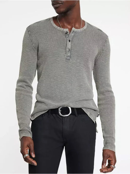 John Varvatos Memphis Waffle Henley Knit Shirt - Grey Heather