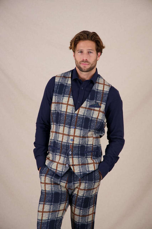 A Fish Named Fred Waistcoat Travel Check - Navy Beige